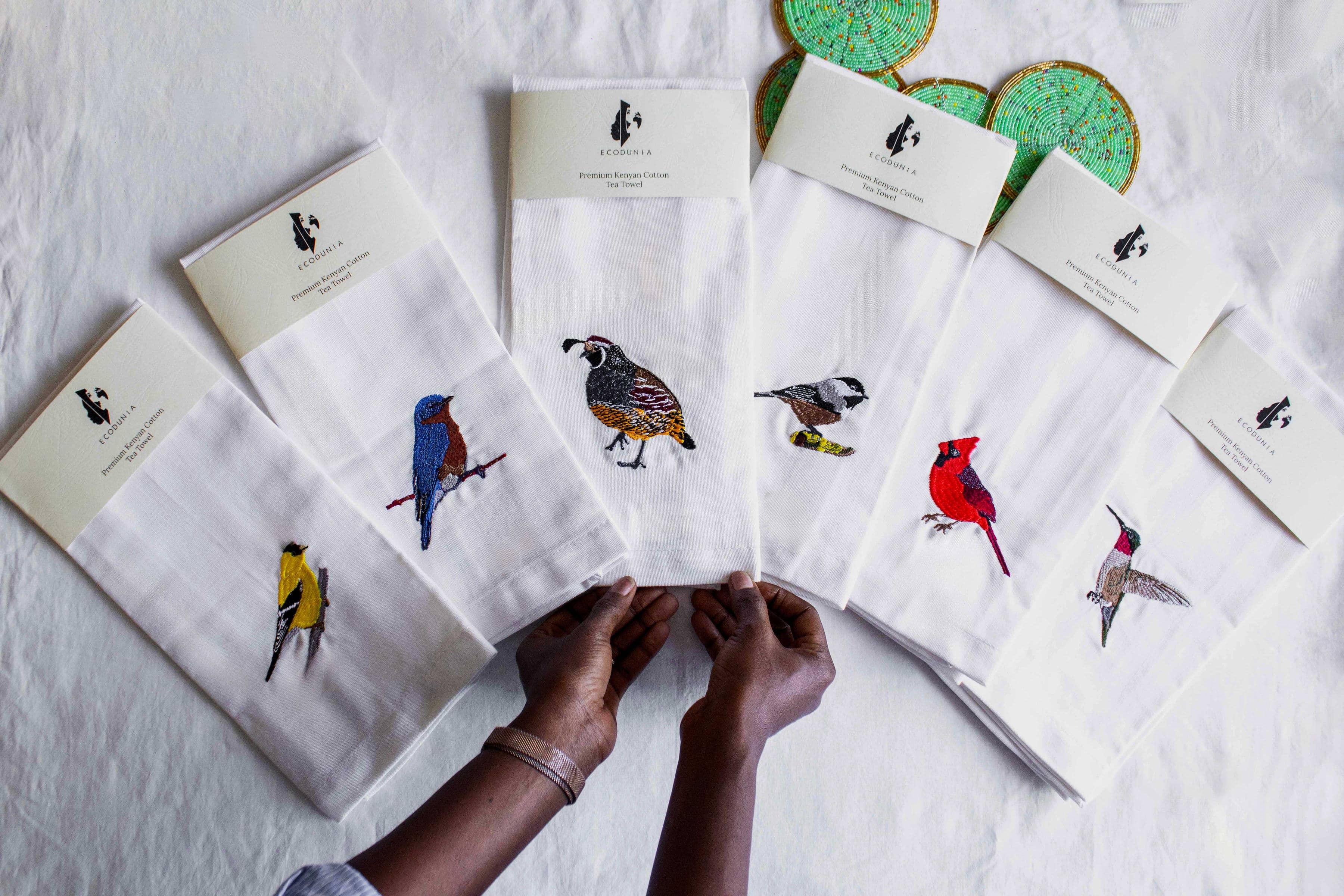 100% Cotton Tea Towels with Bird Embroidery - Kitchen Towels
