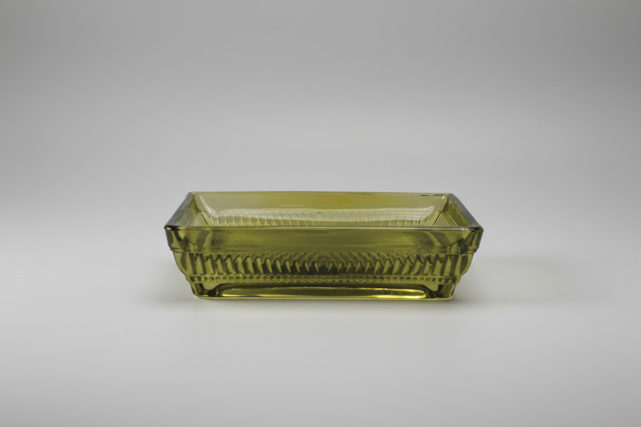 Olive Green Glass Soap Dish – Rectangular with Patterned Rim